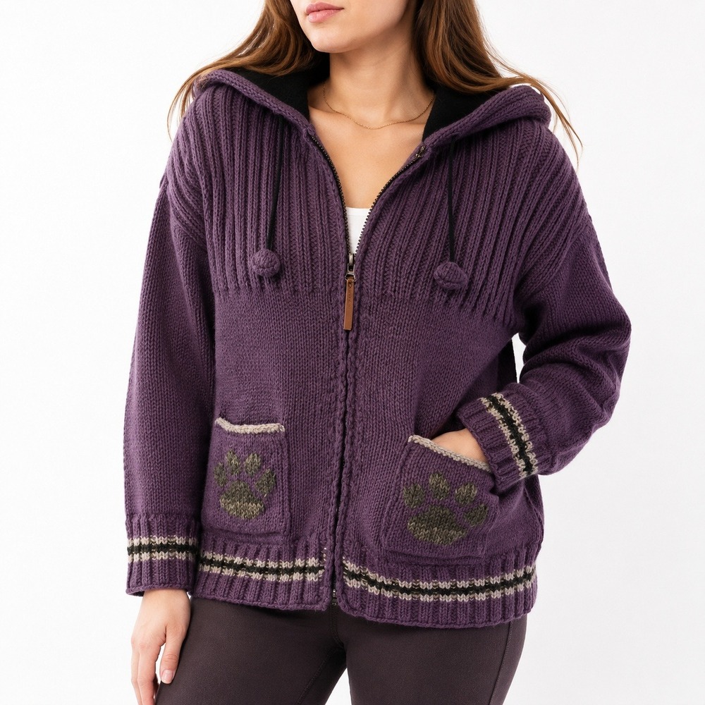 Y2k Kyber Paw Print Hooded Sweatercoat Women L Purple Fleece Lined Zip Up Hoodie